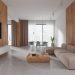 Modern living room with large windows in the background, brown furniture, concrete stained floors, and a large tv screen.