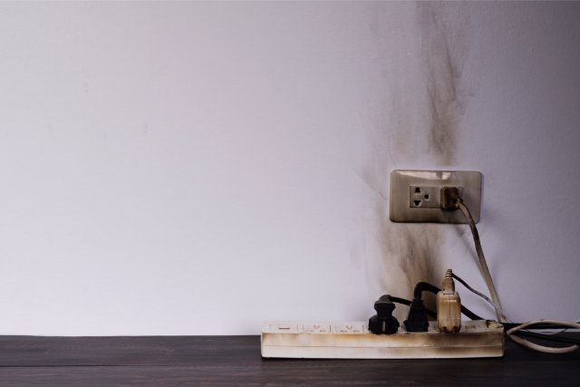 A burnt electrical outlet on a wall with black marks. A power strip and other electrical wires have burn marks, too.