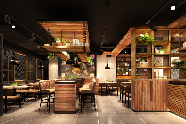 A café with a black ceiling and wall and plenty of warm wooden accents and minimal decoration. The lights are bright.