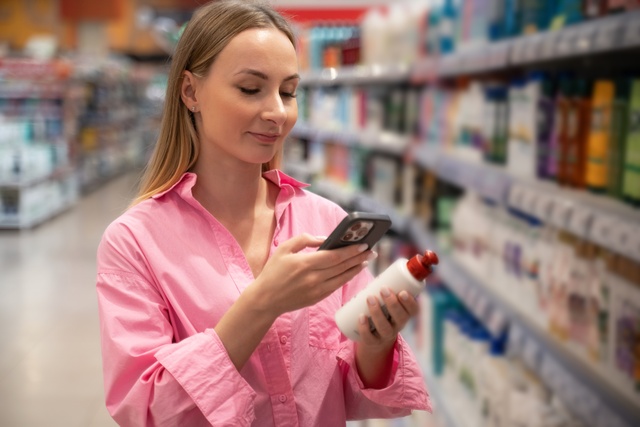 A female consumer in an aisle wears a pink button-up as she scans a QR label on a beauty product in her hand.