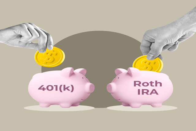 Two piggy banks face each other. One reads "401(k)" and the other reads "Roth IRA," and a hand places a gold coin in each.