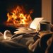 A person wrapped in a blanket reading a book and holding a mug by a fireplace, wearing cozy slippers in a warm cabin setting.