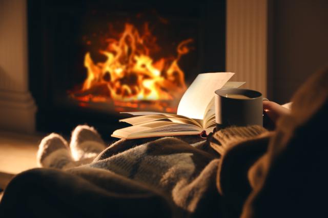 A person wrapped in a blanket reading a book and holding a mug by a fireplace, wearing cozy slippers in a warm cabin setting.