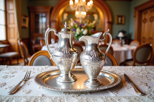 a silver pitcher and teapot resting on a tray over a lace tablecloth in an ornate dining room with wood trim behind them.