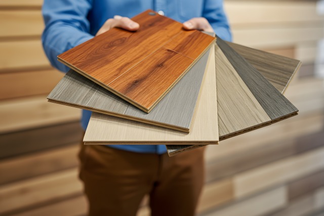 A salesperson holding six large sample pieces of hardwood flooring. Each wood plank is a different color.